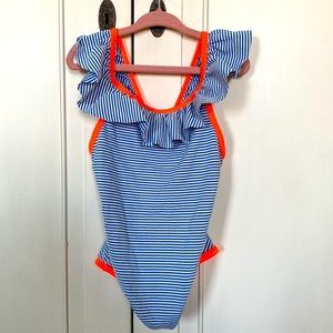 Mini Boden, little girls seersucker swimsuit, size 4-5